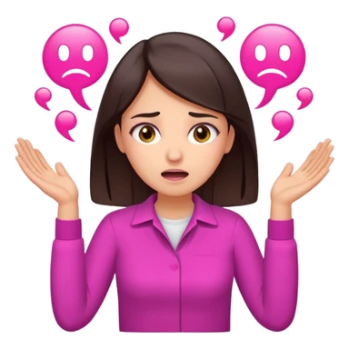 Social media manager. She has dark brown hair, brown eyes,stressed expression, exhaling deeply, hands slightly raised showing frustration. Use vibrant colors with a focus on pink and fuchsia tone sticker