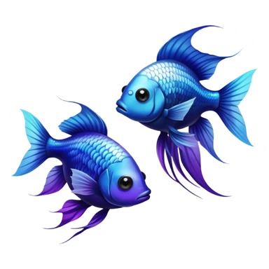 Two beta fishes, one is a white beta fish with a light blue eye, the other is a black beta fish with a purple eye sticker