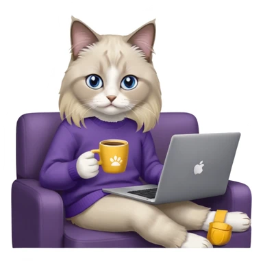 a cute blue eyed brown and white ragdoll cat with white paws and brown and beige tail wearing the dark violet sweater with yellow letteting "Milena" sitting on a grey sofa with grey laptop branded lettering "Lenovo", it` not brand Apple - only Lenovo and drinking coffee sticker