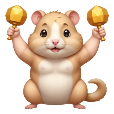 Cute chubby cartoon-style hamster flexing tiny arms like a bodybuilder, sparkles around it, triumphant expression. Painterly shading, white background, sticker-style illustration. sticker