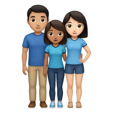 three people, one white girl with brown hair, one hispanic man with dark hair, and one tan asian woman with black hair, as a poly couple emoji sticker