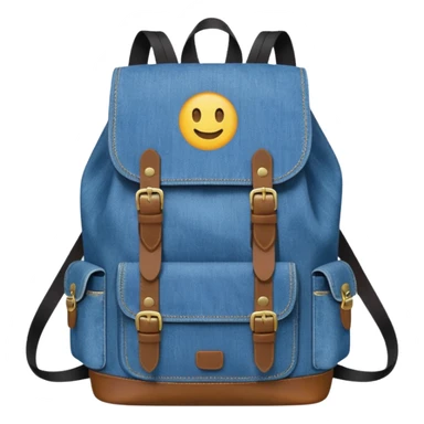 An emoji-style blue denim backpack with a flap top and one small buckle straps attached only on the flap, not connected to the front panel. No front pockets or vertical straps below the flap. Clean and minimal design with two side pockets. 



 sticker