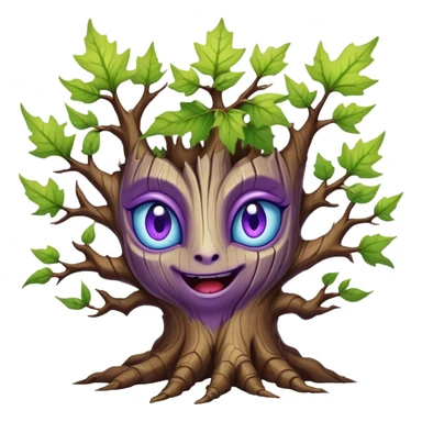 An ancient, psychic tree evolves by absorbing the essence of fallen autumn spirits, sprouting a radiant leaf, channels both forest wisdom and fiery seasonal magic through its gnarled. Purple eyes, blue eyes sharp teeth, bark wood skin, heterochromatic eyes, maple leafs, poly style sticker