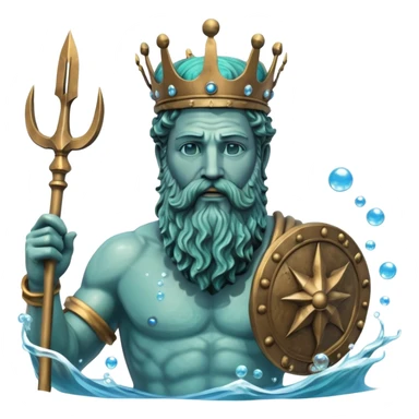 Bust of Poseidon underwater, Greek god with beard and crown, sea god statue with trident, bubbles around, blue water background sticker
