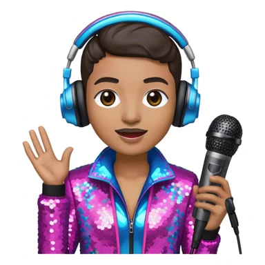 Create a vibrant and modern emoji that represents pop or stage vocal performance, focusing on the equipment and style. The design should feature a high-quality microphone, a stage monitor, and a sound mixing console, symbolizing the professional setup for pop vocals. Add elements like studio headphones, a soundboard with sliders, and an elegant stage costume (e.g., a sequined jacket or flashy stage attire) to reflect the glamour of stage performance. Use energetic colors like neon pink, electric blue, and silver to convey the high-energy nature of pop singing. The background should be transparent sticker
