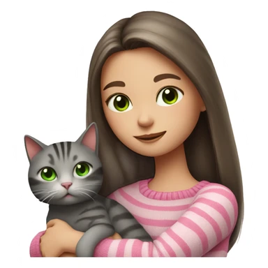 Brunette girl with long hair and green eyes in a pink sweater hugs a gray striped cat. The cat has brown eyes sticker