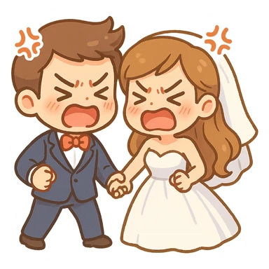 cartoon bride and groom playfully arguing, both with exaggerated angry faces but holding hands, humorous and lighthearted, vibrant style for wedding stickers sticker