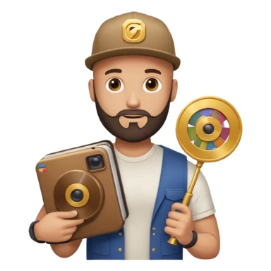 Strong bald man with beard and snapback, giant Instagram reel icon, stack of golden documents, trophy, minimal emoji sticker
