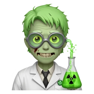 radioactive zombie scientist portrait, head and shoulders only, glowing toxic veins, cracked goggles, lab coat with radiation badge, sinister smile, 3D cartoon, mobile game icon style, clean background, no text, no watermark
 sticker
