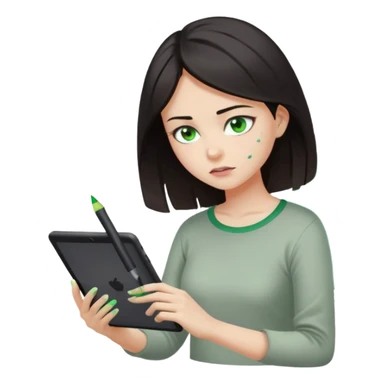 emoji holding and drawing on tablet using a stylus, looking down at screen in frustration, female, dark hair, green eyes, screen slightly visible with splashes of color like a paint palette  sticker