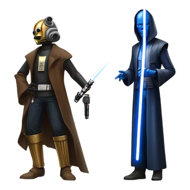 jedi first order human-sized darkblue-pearl friendly bounty hunter c3po droid wearing a leather wild west duster coat holding light saber ready to fight but relaxed. antiqued sticker