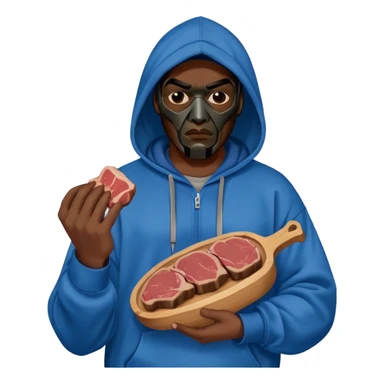 MF DOOM in a blue hoodie holding a piece of meat sticker