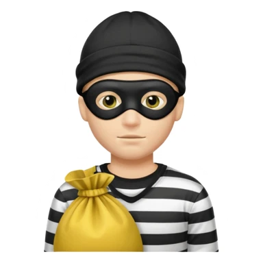 A Robber Emoji, the robber is Male, has a Black Beanie hat, has a shirt with black and white stripes, a black mask thing around his eyes, and a yellowish money bag on his hanging right shoulder, we can only see his upper body from his chest and his face he has NO facemask. sticker