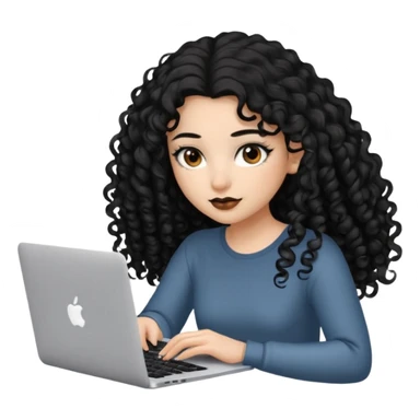 a girl typing mac book air with long black curly hair and brown eyes with winged black eyeliner sticker