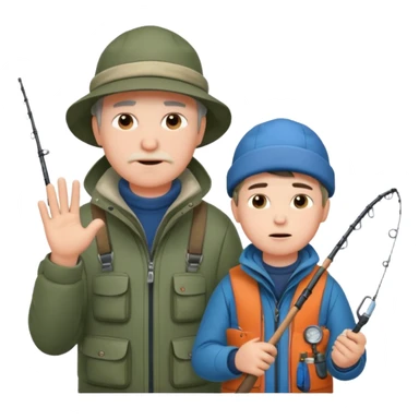 Father and son in fishing gear gesturing that they are cold sticker