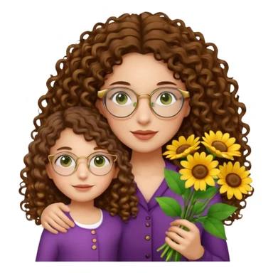 light skinned brunette long curly haired woman with green/hazel eyes framed with large round gold rimmed glasses holding big bright bunch of flowers with one hand and young kindergarten age daughter's hand (also with long brown curly hair) in other. White background. sticker