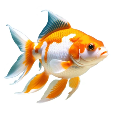 Cinematic Noble Orange and White Goldfish Portrait Emoji, Poised and regal, with a sleek, streamlined build and a vibrant body featuring a harmonious blend of orange and white hues, deep-set soulful golden eyes, Simplified yet sharp and sophisticated features, highly detailed, glowing with a soft, dignified glow, high shine, intelligent and graceful, stylized with an air of aquatic artistry, focused and attentive, soft glowing outline, capturing the essence of a watchful and confident aquatic companion, so majestic it feels as though it could glide out of the screen with effortless authority! sticker