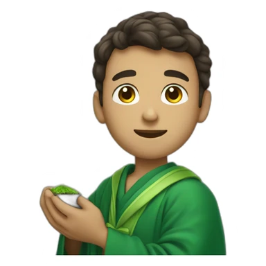 a student in a green robe with a green sprout in his hands. sticker