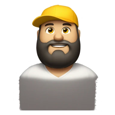 Fat bearded white man, squinty eyes, short black beard, yellow hood, black baseball cap, mouth agape, very fat sticker