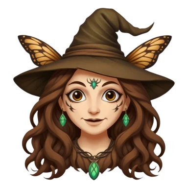 mischievous forest witch woman long wavy brown hair tattoos smirk moth sticker
