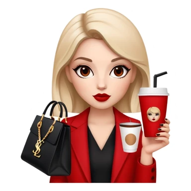 Aries girl core aesthetic, bold red and black outfit, memoji-style avatar, YSL shopping bag, espresso drink, clean minimal background, boss babe mood, street chic style, bold makeup. sticker