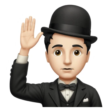 Charlie Chaplin, facing front, right arm extended 45 degrees up, hand straight, palm facing down, manji symbol badge on his left arm sticker