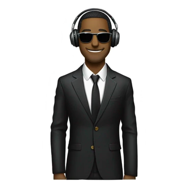 Man with sunglasses DJ black jacket skinny tie headphones scratching records sticker