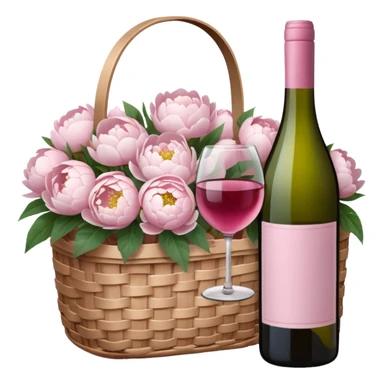 White Picnic basket with light pink bow and white peonies inside and a pink wine bottle sticker