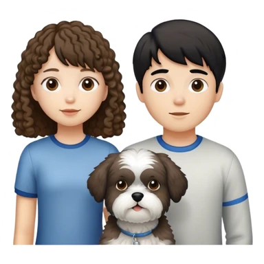 Quiero una pareja joven con un perro shitzu blanco y gris. La chica con pelo rizado marron pero con el flequillo liso. El chico con el pelo liso negro, piel blanca y sin barba sticker