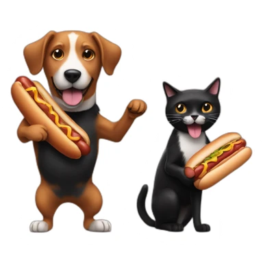 A dog eating a hot dog and dancing with a black cat sticker