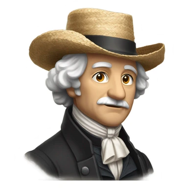 “An older male with a rounded face and calm expression, medium-to-long graying hair under a wide-brim straw hat, wearing a dark historical coat and a white ruffled cravat, evoking early 19th-century style.” sticker