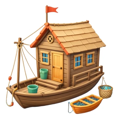 
cute fisherman house, small wooden seaside cabin, fishing nets, fishing boat sign, rope details, warm sunlight, coastal vibe, 3D cartoon, mobile game icon style, soft shadows, clean background, no text, no watermark
 sticker
