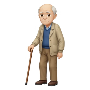 Old man leaning on a walking cane and holding his crancky back with his hand, grumpy face, detailed sticker