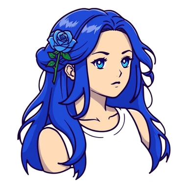 head portrait of anime girl with long dark blue hair, blue rose in hair, blue eyes, JoJo's Bizarre Adventure art style, dramatic look, head only sticker