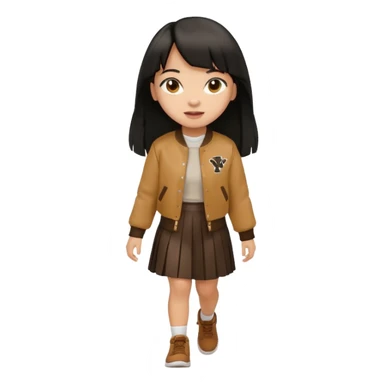 black color long hair with fringe, light skin long hair girl with brown varsity jacket and long skirt walking

 sticker