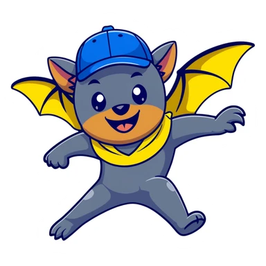 Flying fox bat mascot "Nahalenok" for FC Rostov, cheerful expression, large wings spread wide in flight, big expressive eyes with playful glint, smiling mouth showing small fangs, wearing yellow (#FFCD00) and blue (#0057B8) scarf around neck, blue baseball cap with FC Rostov logo tilted to side, dark grey body sticker