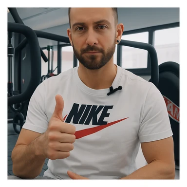 The man in the photo is making the OK gesture with his thumb up, showing a serious but positive expression, in a gym environment, photorealistic style. sticker