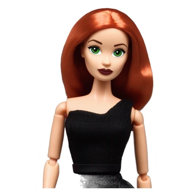  Wednesday Addams Barbie.  Small green eyes with light skin face. Earrings with matching necklaces Longer red hair. black flowing strapless tight evening gown neckline that’s off-the-shoulders shows her legs and black high heel shoes. sticker