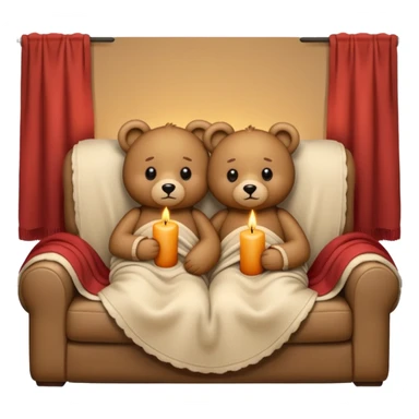 Two cozy teddy bears cuddling wrapped in a blanket watching tv on couch with candles next to them sticker
