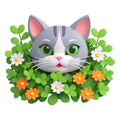 a cat peeking through green clover leaves with flowers sticker