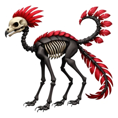 Rare realistic dark edgy tropical tribal patterned red-feathered skeletal badass epic handsome gorgeous aesthetic colorful vibrant black-skulled Vernid-Trico-species-Fakemon-creature by LiLaiRa, 4 legs, 1 tail, random markings, (full body) sticker