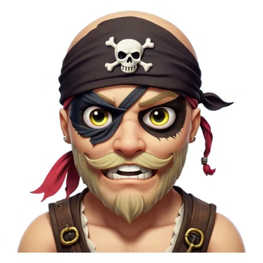 Clash of Clans aesthetic Comical Pirate Portrait Emoji, Head tilted dramatically with an exaggerated, fun expression and wide, comically expressive eyes behind a quirky eye patch, featuring a rugged yet cartoonish build with a playful bandana and natural skin tone, Simplified yet hilariously expressive features, highly detailed, glowing with a slightly sassy oceanic glow, high shine, dramatic yet playful, stylized with an air of cheeky maritime mischief, soft glowing outline, capturing the essence of a meme-worthy pirate who brings humor to epic quests! sticker