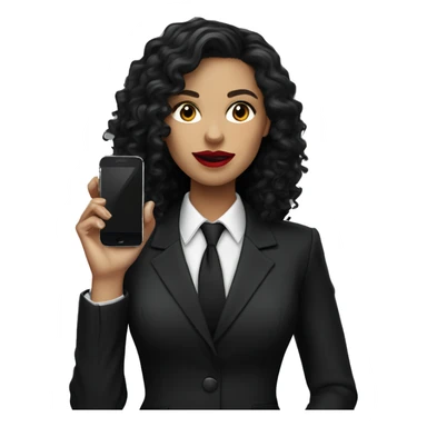 corporate white woman, red lipstick, long black curly hair, with a phone, black shirt, black blazer  sticker
