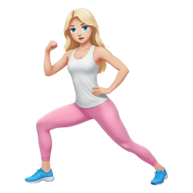 A cinematically realistic blonde with long hair and blue eyes, dressed in a white top and pink leggings, does a sports exercise called lunges sticker
