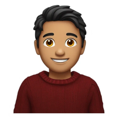 light skin smiling indian kid with black hair wearing a dark red sweater pointing sticker