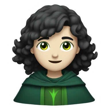 teenage white-skinned wizard with black hair, green eyes in dark green disguise sticker