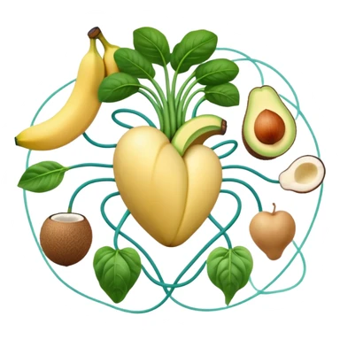 Banana, avocado, potato, spinach, coconut, white beans, and melon surrounding a glowing heart and nervous system network. Gentle electrical waves flow from the foods to the organs and muscles, illustrating how potassium maintains fluid balance and electrical stability throughout the body. sticker