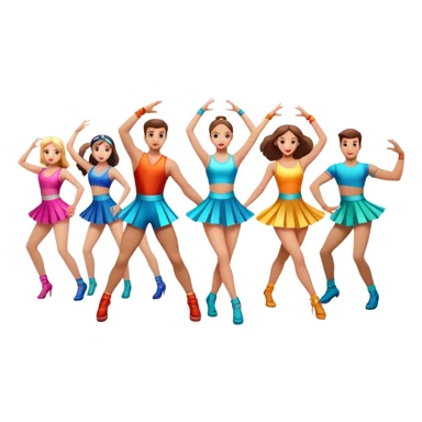 Icon for Contemporary Dance: a synchronized guys and girls group performance on stage with backup dancers in bright, modern outfits and dynamic lighting. The icon should capture the energy and coordination of a dance routine, with a focus on movement and stage presence. Transparent background. sticker