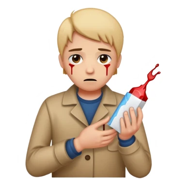 Generate a realistic emoji of a package being unpacked and the person is sad because they got hurt by the package sticker