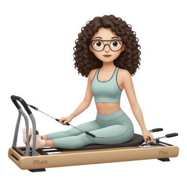 Memoji-style girl with long dark brown curly hair, round glasses, large brown eyes, soft rounded face,makeup, warm beige skin tone, wearing Pilates activewear performing Pilates and reformer Pilates exercises on a reformer machine, pastel color palette, smooth soft shading sticker